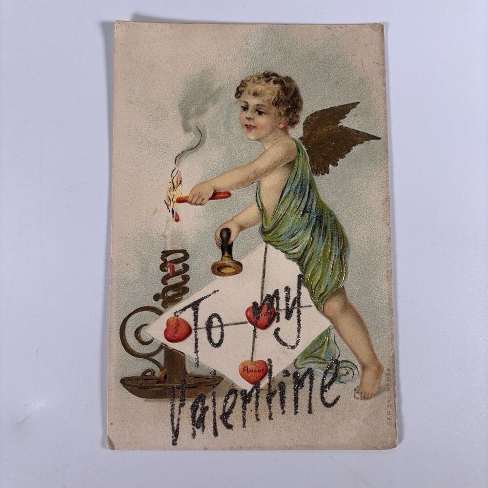 Antique Valentine Postcard Cupid Candle Embossed Glitter Used c1900s Romantic